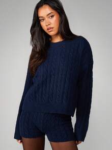 MISSGUIDED Conjunto de suéter de punto de cable y pantalones cortos a juego, ropa de estar en casa de invierno - Azul Marino - Ver 1