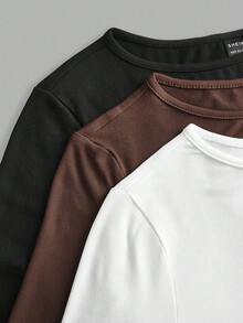 SHEIN EZwear 3 件套女士休闲宽领紧身长袖 T 恤套装，秋冬 - 彩色 - 查看 9