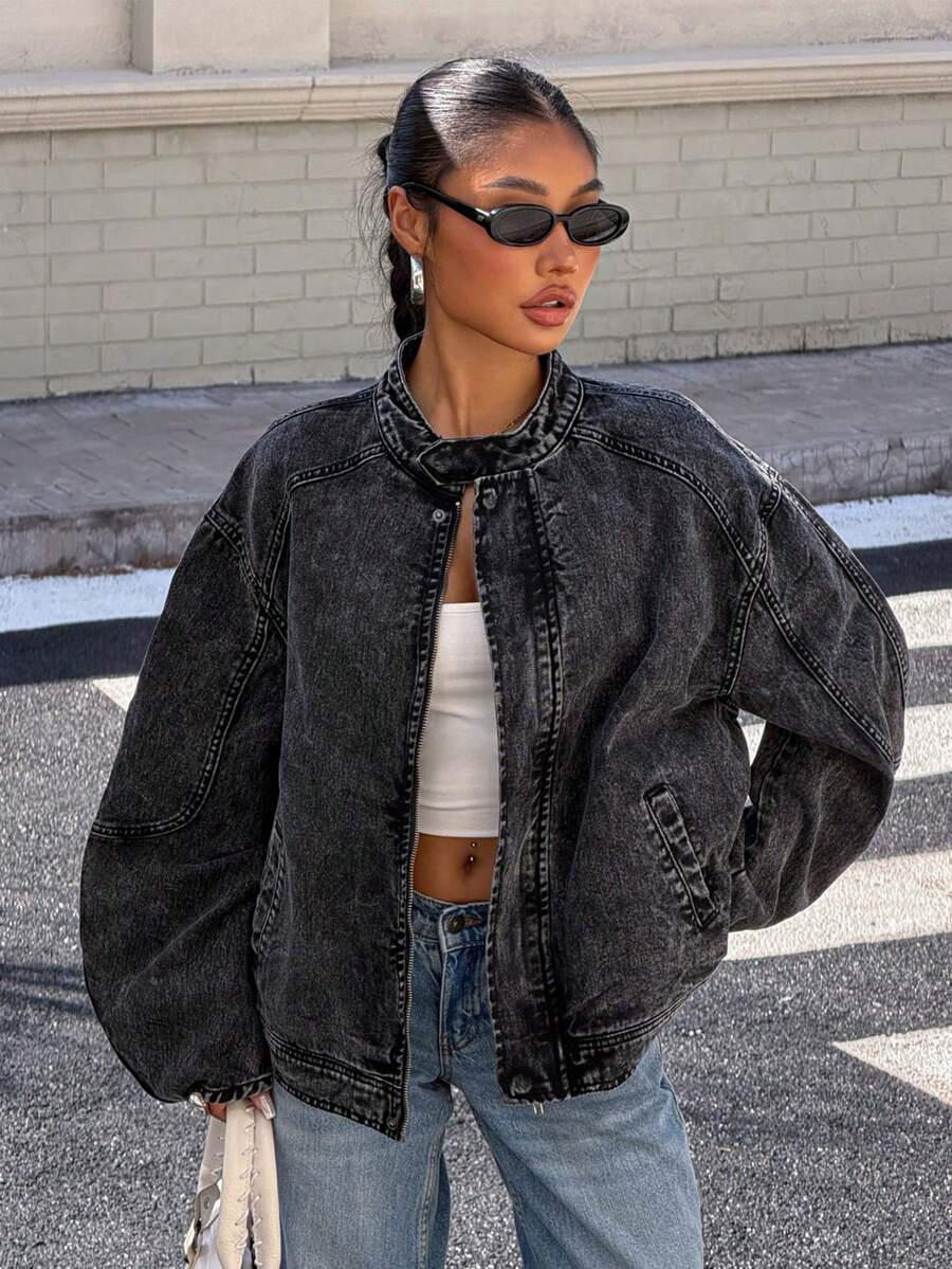 Muchica 女士时尚立领插肩袖宽松短款休闲牛仔夹克 - 黑色 - 查看 1