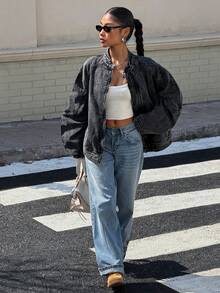 Muchica 女士时尚立领插肩袖宽松短款休闲牛仔夹克 - 黑色 - 查看 6