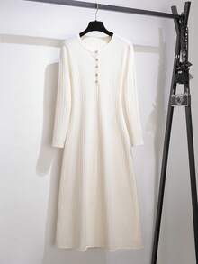GlowEve CURVE Plus Size Elegant French Style Waist Cinched Long Sweater Dress - Apricot - View 1