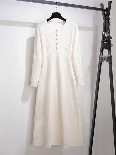 GlowEve CURVE Plus Size Elegant French Style Waist Cinched Long Sweater Dress