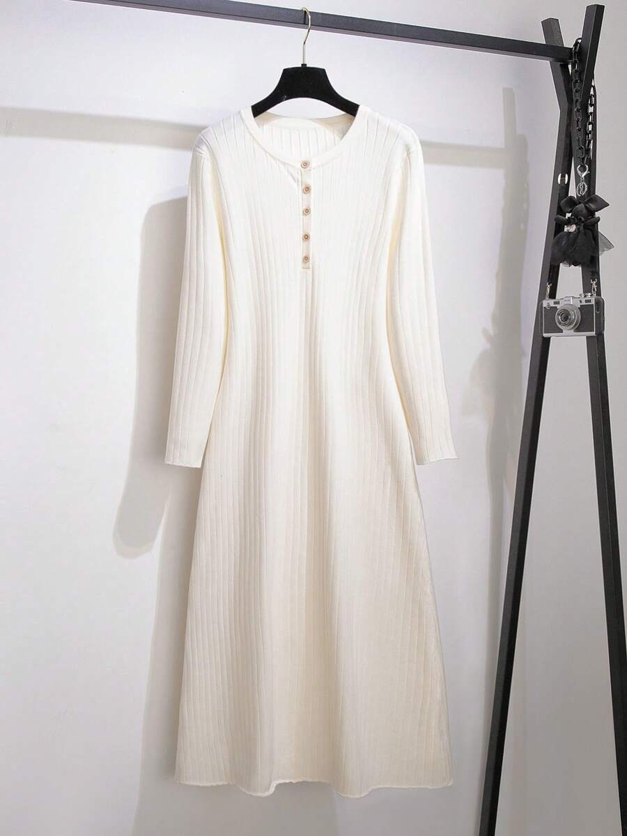 GlowEve CURVE Plus Size Elegant French Style Waist Cinched Long Sweater Dress - Apricot - View 1