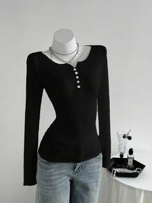 Elamini 女式纽扣设计V领长袖修身休闲罗纹毛衣 - 黑色 - 查看 3