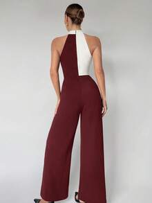 Maija Macacão assimétrico com recorte e ombros descobertos, novo outono/inverno 2025, vermelho e branco, bloco de cores, moderno, elegante, casual, para escritório, versátil, estilo romântico básico, adequado para ocasiões formais, festas, casamentos, shows, brunch, aeroporto, dia nacional, ano novo, Natal, Ação de Graças