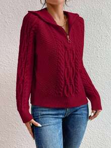 SHEIN Cottnline Solid Color Half-Zip Casual Pullover Sweater - Red - View 4