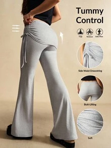 VARSIVA 翻边紧身裤 女士纯色侧抽绳设计喇叭运动裤 - 淺灰色 - 查看 10