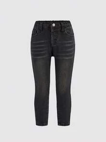 女童黑色牛仔保暖内衬弹力修身裤，秋冬季 - 黑色 - 查看 5