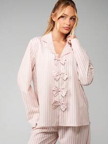 MISSGUIDED Striped Bow Front Pajama Set Long Sleeve Button Up Sleepwear Lounge Comfort Wear - Pink - View 3