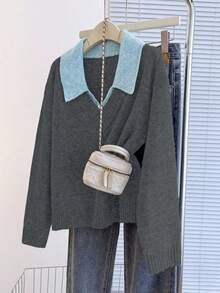 Franclia V-Neck 2 In 1 Long Sleeve Sweater, Autumn/Winter - Dark Grey - View 6