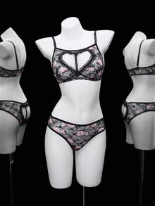 2 件性感蕾丝心形印花内衣套装（无钢圈文胸和内裤） - 黑色 - 查看 6
