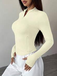 SHEIN PETITE 女式纯色前拉链长袖休闲夹克，春秋季 - 杏色 - 查看 4