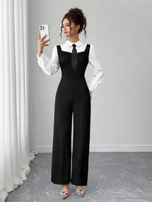 SHEIN Combinaison longue manches noir et blanc avec contrastes de couleurs pour adolescentes - Noir et Blanc - Voir 4