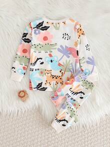 Cozy Pixies Baby Girl Cartoon Pattern Knit Soft Crew Neck Long Sleeve Top And Elastic Waist Long Pants Snug Fit 2-Piece Pajama Set Wildflower Baby Clothes Baby Girl Long Sleeve Set Two Piece Toddler Set Floral Print Baby - Baby Pink - View 2