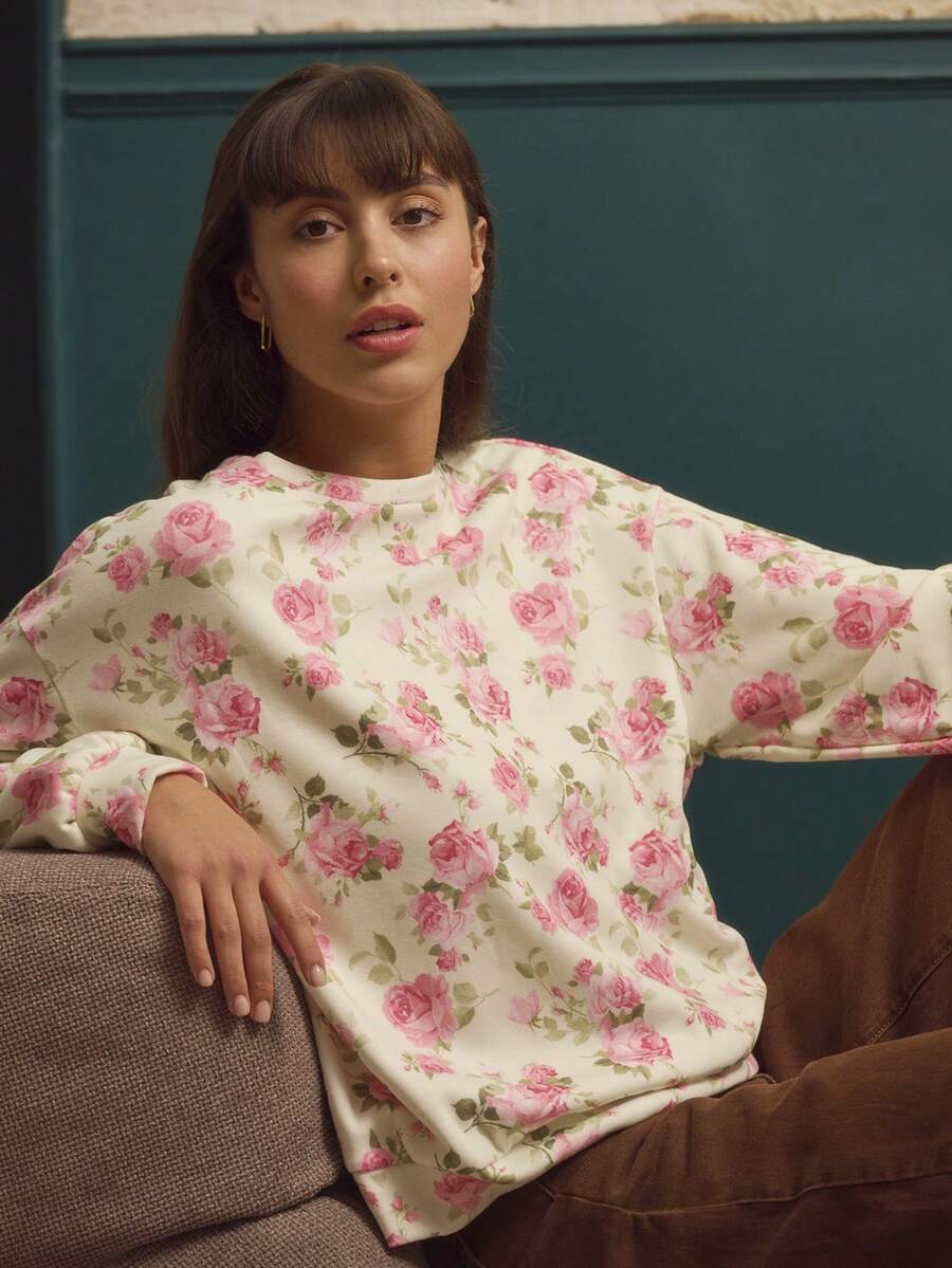 lacRébo بلوزة رياضية بيضاء كبيرة الحجم مع طباعة زهرية عتيقة ملابس نسائية للخريف، ملابس موسم الخريف