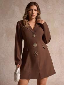 SHEIN LUNE Autumn/Winter Women's Elegant Brown Formal Long Sleeve Dress ...