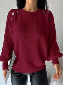 EURMUSE Button Detail Lantern Sleeve Sweater - Red - View 5