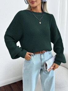 SHEIN Cottnline Women Solid Color Round Neck Drop Shoulder Chunky Pullover - Green - View 3