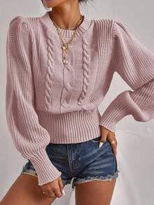 SHEIN Cottnline Cable Knit Round Neck Lantern Sleeve Sweater - Dusty Pink - View 3