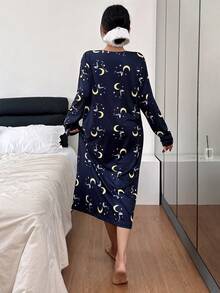 SHEIN 月亮星星印花女士休闲长袖睡裙，冬季 - 藍色 - 查看 2