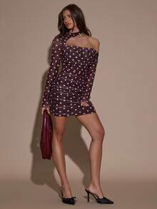 SHEIN BAE 女式波尔卡圆点印花不对称肩长袖连衣裙 - 彩色 - 查看 6