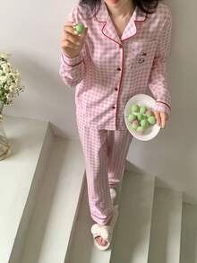 Teen Girls Casual Pink Plaid Rabbit Pattern Loose Fit Contrast Trim 2 Pieces Pajama Set Pajamas Women Set Button Up Pajama Set Pyjama Women