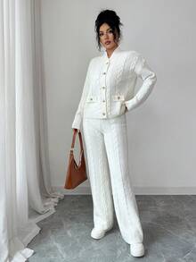 SHEIN Elenzya 2pcs Women Solid Color Sweater Set, Autumn/Winter - White - View 4