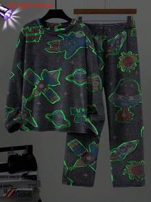 Teen Boys Glow-In-The-Dark Gaming Console Graphic Fleece Crew Neck Long Sleeve Top And Pants 2 Pieces Pajama Set, Suitable For Everyday Loungewear Neon Outfits That Will Glow In A Black Light - Multicolor - View 5