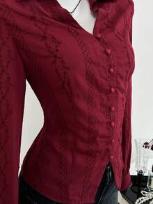 SHEIN Unity Women's Red Embroidered Long Sleeve Shirt, Waist Cinched, Elegant Casual Wear For Everyday And Commute, Suitable For Autumn/Winter - Burgundy - View 4