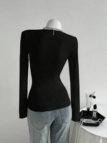 Elamini 女式纽扣设计V领长袖修身休闲罗纹毛衣 - 黑色 - 查看 2