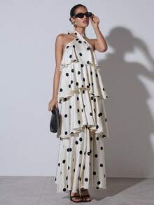 COSMINA Women's Elegant Polka Dot Print Backless Tiered Maxi Dress With Ruffle Hem, Vacation Style Dinner Dress Polkadot Dress,Wedding Guest Dress Women