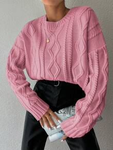 EURMUSE 1pc Women Solid Color Round Neck Long Sleeve Simple Sweater, Casual For Daily Wear - Pink - View 5