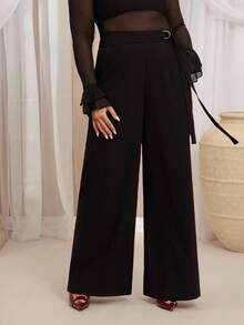 VOLUPTÉ CURVE Plus Size Women's Spring/Summer Black Floor Length Pants Solid Suit Fabric Wide Leg Straight Slant Pocket, Elegant Commute Party Formal Trousers - Black - View 2