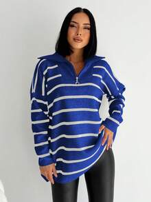 EURMUSE Striped Pattern Drop Shoulder Polo Neck Sweater - Blue - View 3