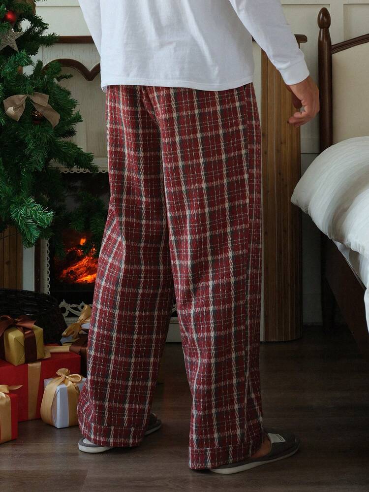 Men's Plaid Fabric Drawstring Waist Wide Leg Pajama Bottoms, Autumn,New Year,Christmas, Winter