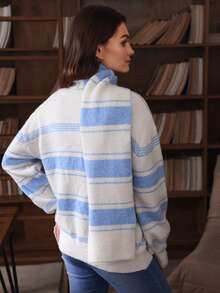 GlowEve Women's Lazy Knit Sweater, Loose V-Neck Knitted Top With Scarf Set, Cozy Winter - Blue and White - View 2