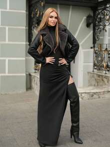 FLORETTA ÉLENA Black PU Leather Faux Rabbit Fur Collar Jacket For Women - Black - View 6