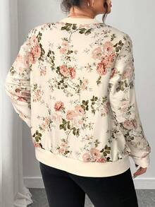 Elenzga Chaqueta de béisbol elegante con cremallera y estampado floral para mujer de talla grande - Albaricoque - Ver 2