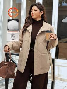 Vionelle Plus Size Big Pocket Quilted Long Sleeve Casual Basic Coat With Belt For Women Winter/Autumn Jacket Outerwear,Hiking Clothes - Khaki - View 3