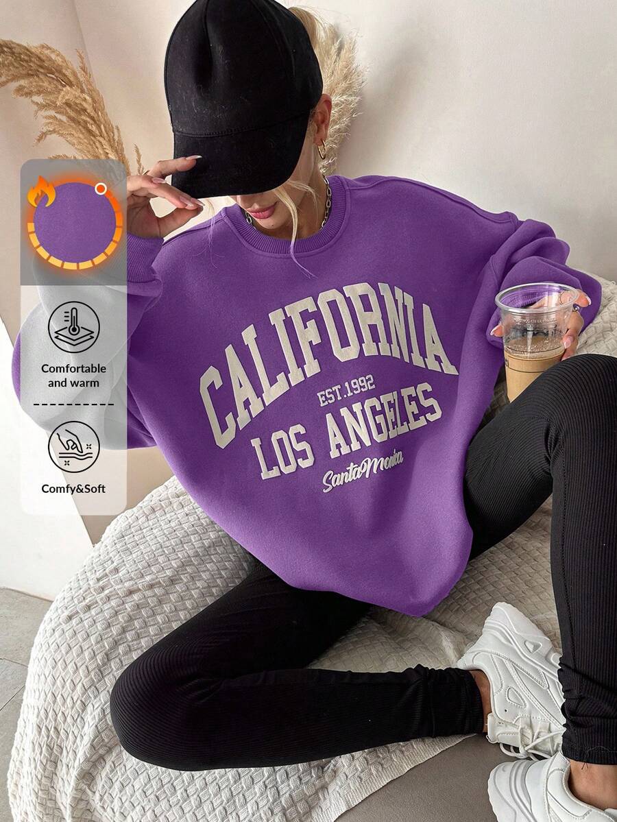 EURMUSE 女式字母印花圆领长袖休闲宽松卫衣，秋冬 - 紫丁香色 - 查看 1