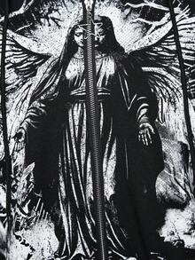 ROMWE Grunge Punk 女式休闲朋克圣母玛利亚与荆棘印花抽绳连帽羊毛运动衫，秋冬 - 黑色 - 查看 3