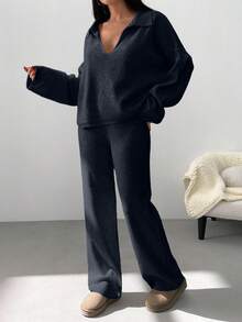 EURMUSE Woman Checkered Jacquard Polo Neck Two Pieces Sweater And Pants Co-Ords - Black - View 7