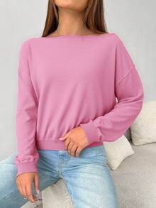 EURMUSE Damen lässiger Alltags-Pullover mit einfarbigem, locker fallendem Schnitt, Drop-Shoulder, Herbst - Babypink - Übersicht 5