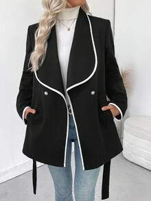 SHEIN Sobretudo feminino elegante e sofisticado com botões em cores contrastantes e amarração na cintura.