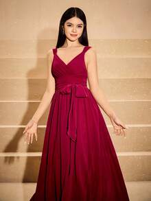 优雅薄纱缎面露背连衣裙，适合少女、花童、婚礼、舞会、万圣节、圣诞节、勃艮第酒红色、青少年、女孩