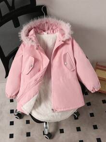Abrigo acolchado con cuello de piel rosa para niña preadolescente, casual y de moda, adecuado para la escuela y salidas, apropiado para el invierno - Rosa - Ver 1