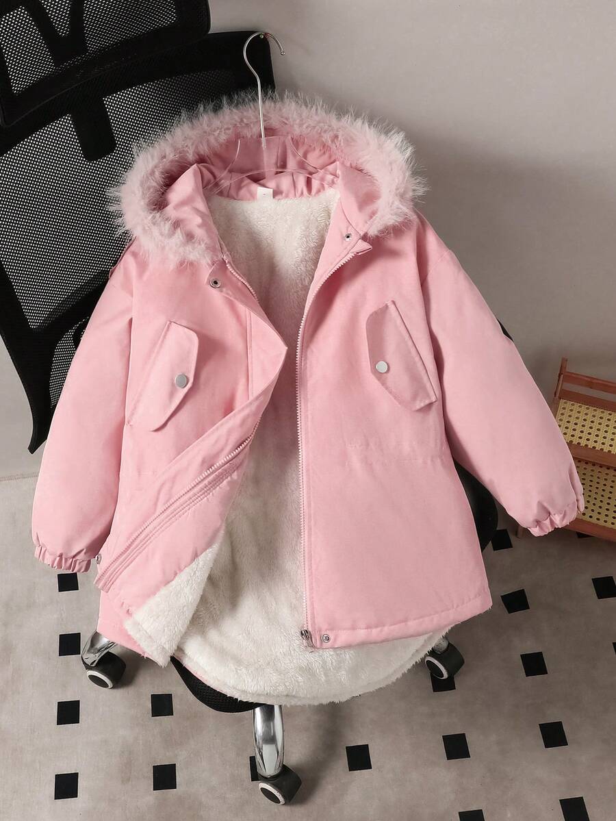 Abrigo acolchado con cuello de piel rosa para niña preadolescente, casual y de moda, adecuado para la escuela y salidas, apropiado para el invierno - Rosa - Ver 1