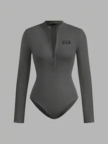 SHEIN EZwear 2 件女士休闲简约风格真刺绣字母徽章拉链高领紧身连体衣，百搭服装，适合秋冬季，机场搭配 - 彩色 - 查看 9