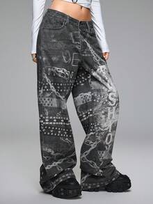 ROMWE Grunge Punk Y2K 复古街头风链条印花超低腰宽松牛仔裤 - 黑色 - 查看 4