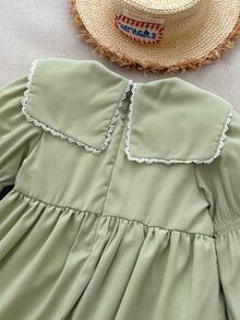 Blossori Young Girls' French Elegant Floral Embroidery Turndown Collar Long Sleeve Dress - Green - View 6